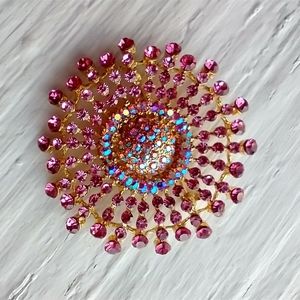 Rhinestone Gold Tone Pink Rosette Brooch